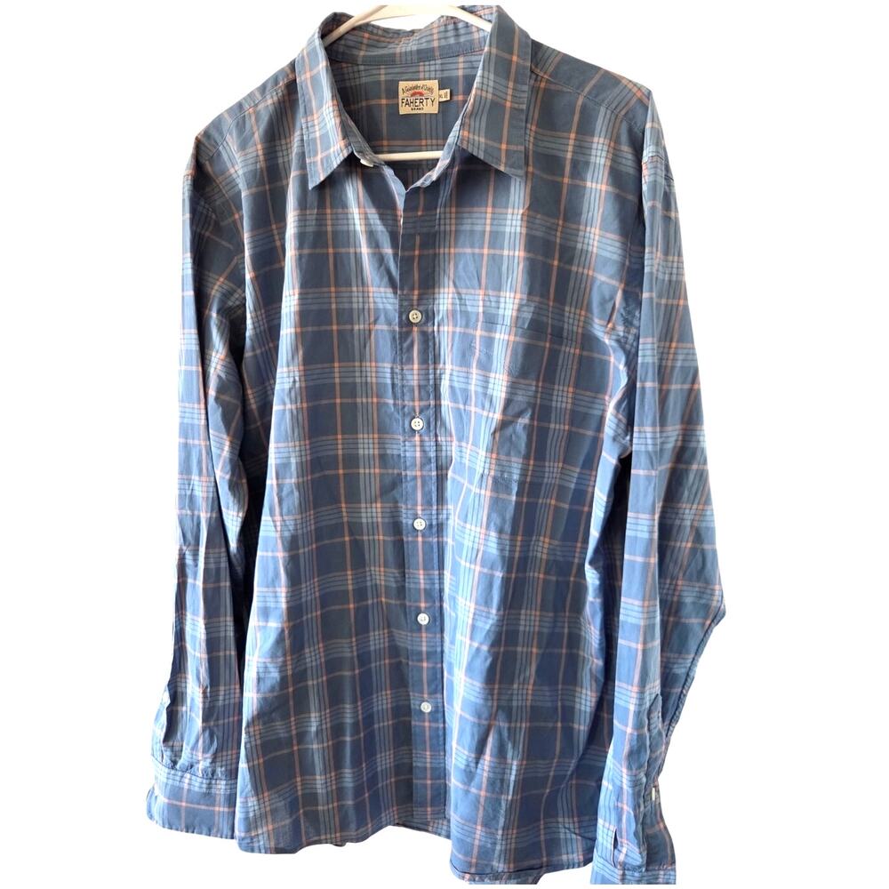 Mens Button Up Faherty XL Plaid Long Sleeve Blue Peach